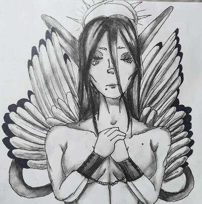 Charcoal, pen, blue Fineliner.